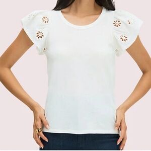Kate Spade White Eyelet Eyelet Flutter Sleeve Tee, 100% Cotton, Machine wash